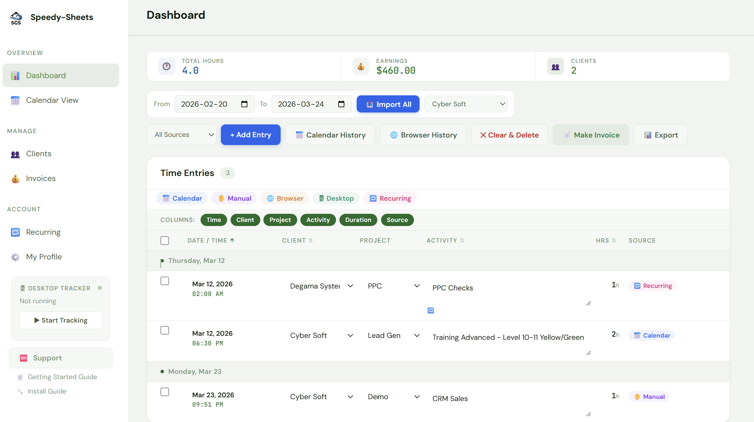 SpeedySheets Dashboard - Total Hours, Earnings, and Time Entries