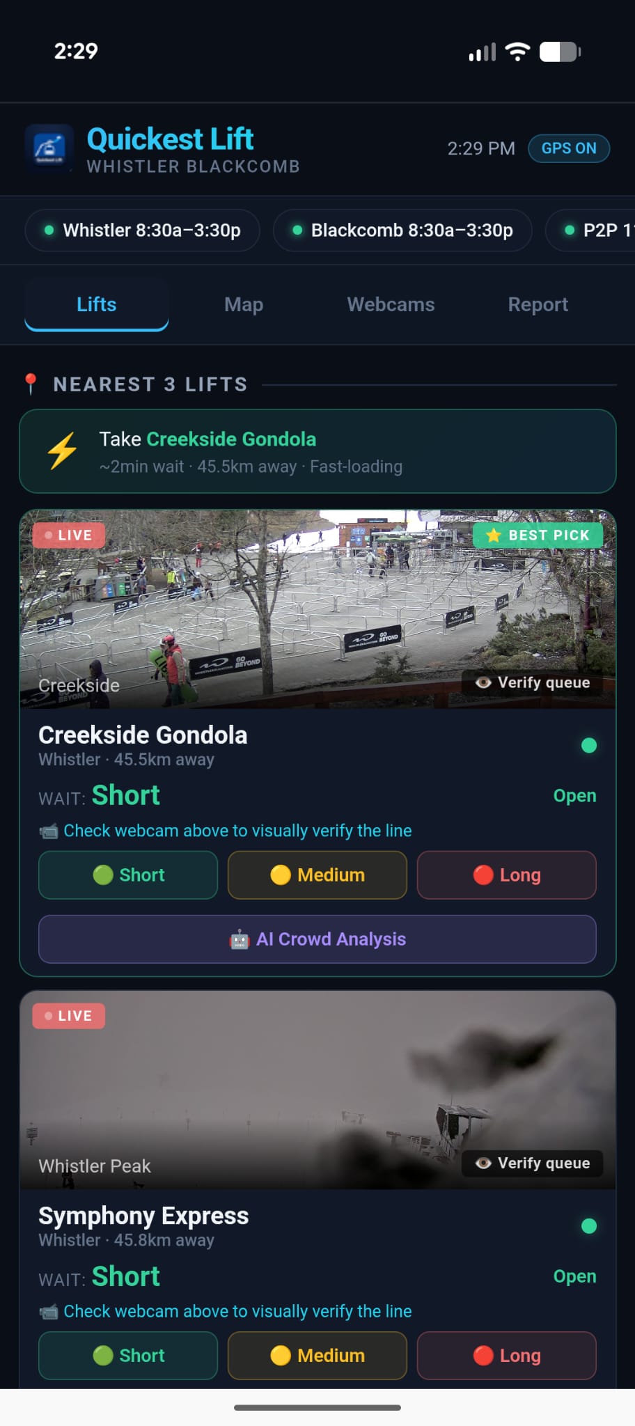 Whistler Intel App - Quickest Lift finder with live webcam and queue verification